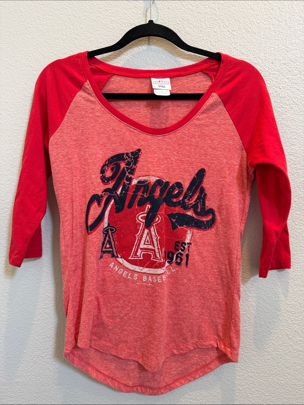 Los Angeles Angels Women’s Red Raglan Baseball Tee  MLB Distressed Logo